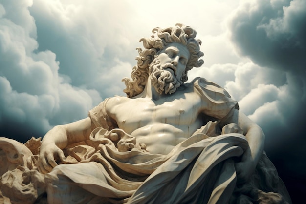 Marble Statue of Ancient Greek God Classic Sculpture Cloudy Sky Background AI Generative