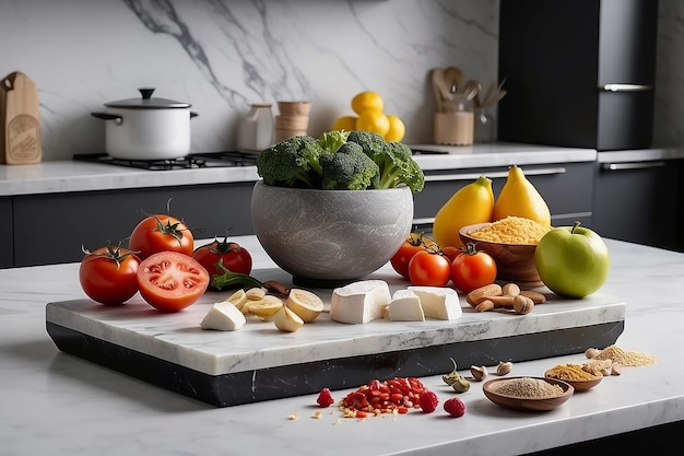 Marble stone stand on kitchen table with various food ingredients