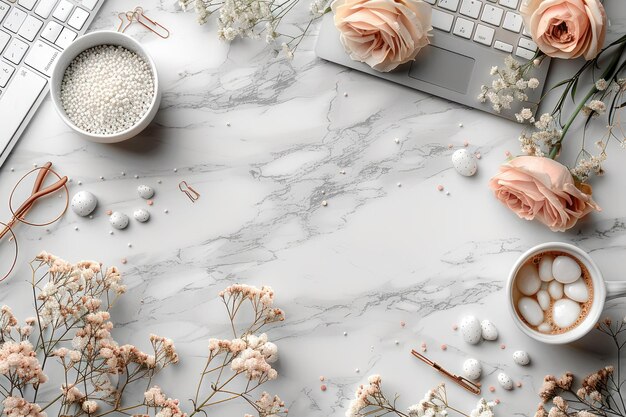 Photo a marble surface adorned with delicate blossoms a cup of coffee and a laptop keyboard creates a serene and inviting scene