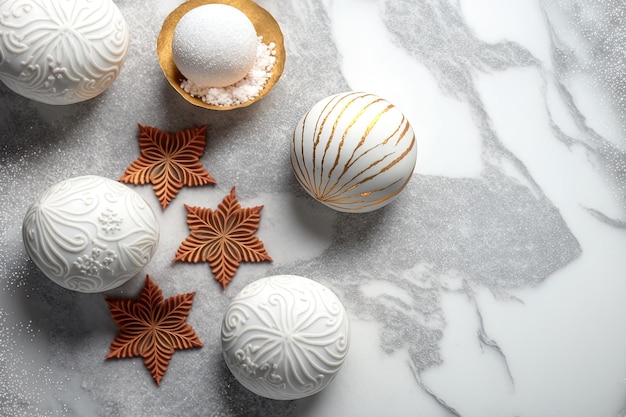 On a marble table decorative Christmas balls are covered with coconut powder