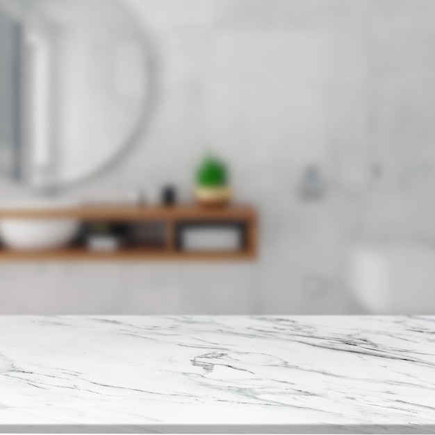 marble table with bathroom blurred background