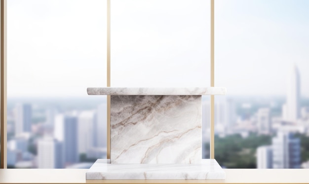 A marble table with a city view in the background