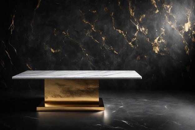 a marble table with a gold base is in front of a black wall