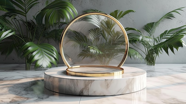 A marble table with a gold ring in the middle.