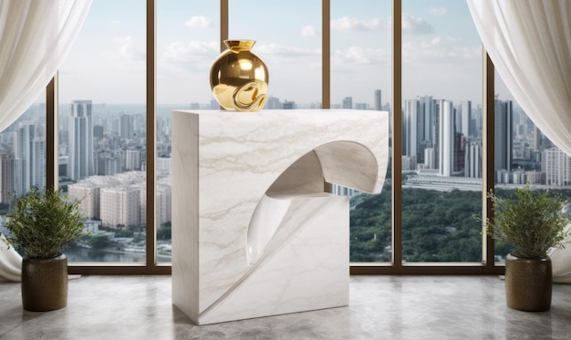 A marble table with a gold vase and a cityscape in the background