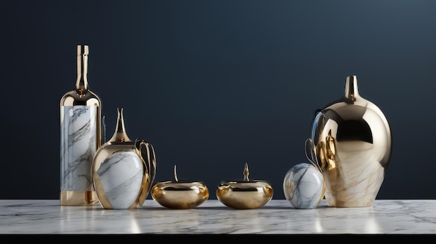 Photo marble table with gold vases and bottles