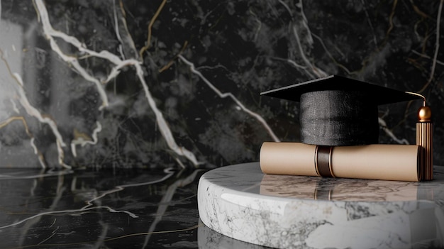 Marble Table with Graduation Cap and Diploma Image