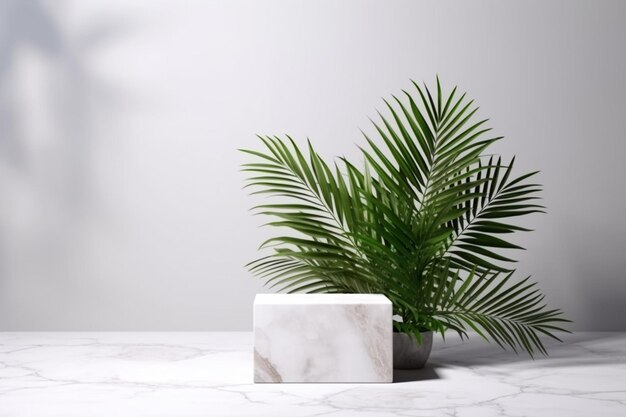 A marble table with a plant and a lamp on it.