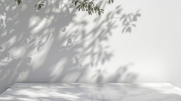 Marble table with tree shadow drop on white wall background for mockup product displ Generative AI