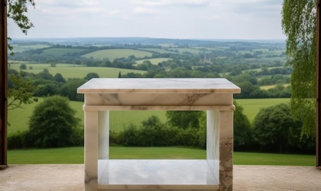 A marble table with a view of the countryside in the background.