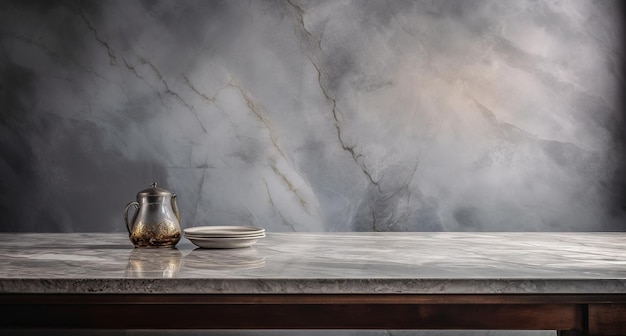 A marble table with a white plate and two small cups on it.