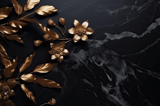 The marble texture in black and gold colors with golden flowers Luxurious design Generative AI