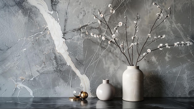 Photo marble texture with vases and flowers on table