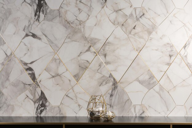 A marble wall with gold accents and a gold candle holder.