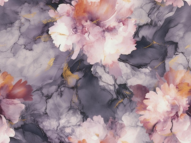 A marble wallpaper with pink flowers on it.