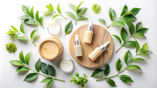 Marble white podium with a natural leaf on beige background Place background for cosmetics Top view Copy space