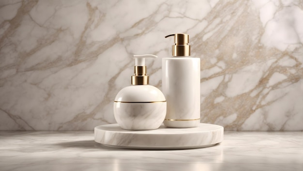 Marble white round podium for bathing products in bathroom spa shampoo shower gel liquid soap