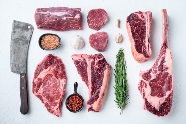 Marbled beef meat steak cut set, tomahawk, t bone, club steak, rib eye and tenderloin cuts, on white stone 