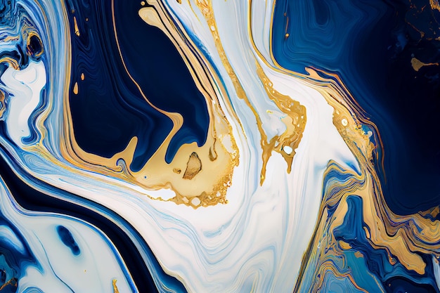 Marbled blue and golden abstract background Liquid marble ink pattern Generative AI