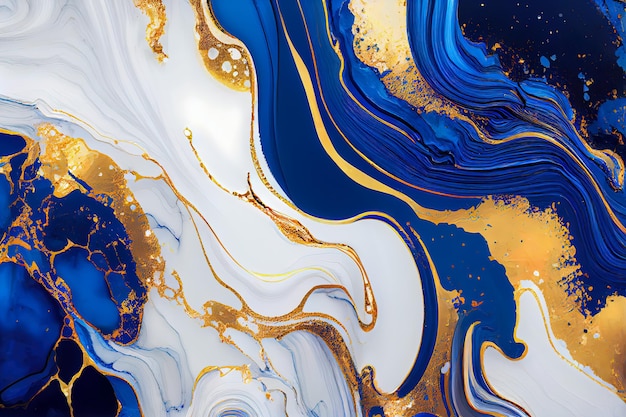 Marbled blue and golden abstract background Liquid marble ink pattern Generative AI