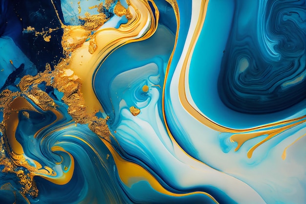 Marbled blue and golden abstract background Liquid marble ink patterngenerative ai