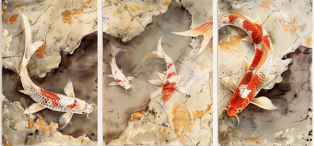 MarbleInspired Three Panel Koi Fish Wall Art Captivating Panel Decor with Aquatic Serenity