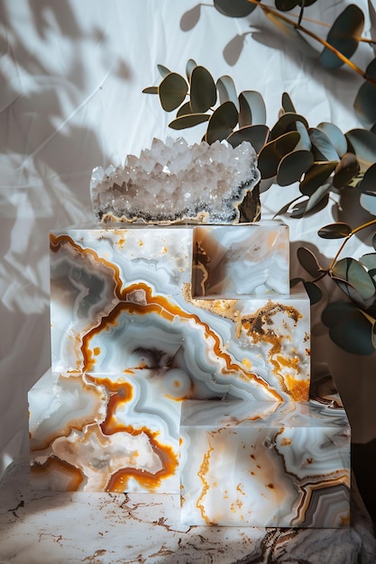 Photo marbleized onyx podium with unique and rare design one tier unique display stand backdrop photo