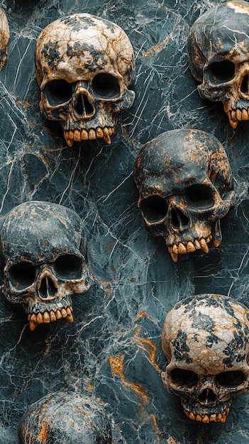 Photo marblelike stone skulls on velvet background eerie image