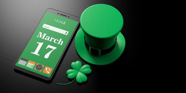 Photo march 17 st patricks day on smartphone screen and leprechaun hat on black background copy space 3d illustration