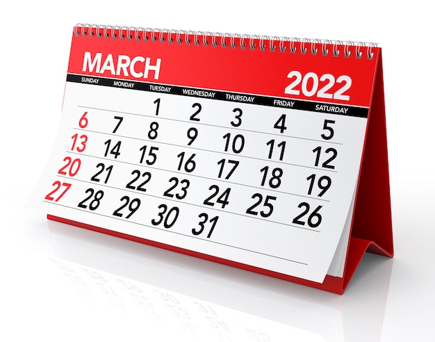 March 2022 Calendar. Isolated on White Background. 3D Illustration