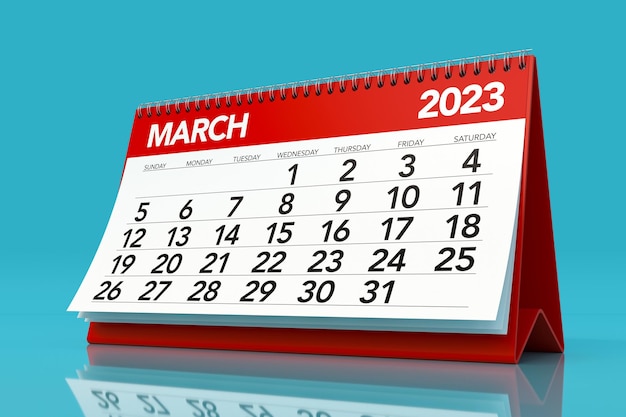 March 2023 Calendar Isolated on Blue Background 3D Illustration