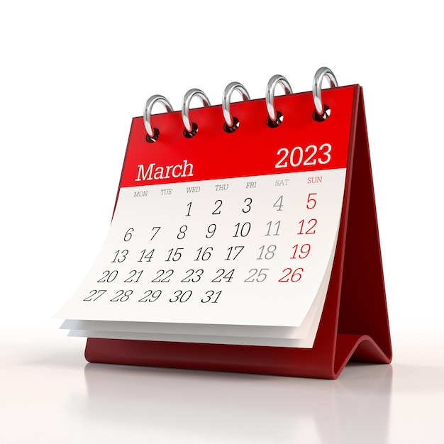 March 2023 Calendar Isolated on White Background 3D Illustration