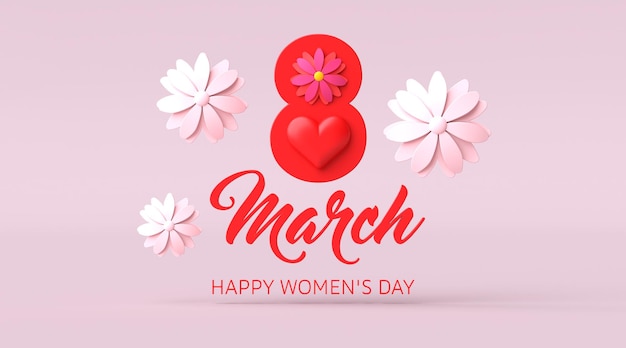 March 8 symbol style with spring flowers. International Women's day pink background