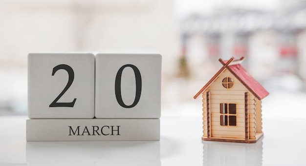 Photo march calendar and toy home. day 20 of month. ð¡ard message for print or remember