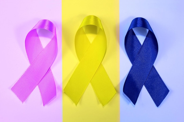 March yellow lilac and blue Endometriosis Cervical Cancer and Colorectal Cancer Awareness Month 3 ribbons