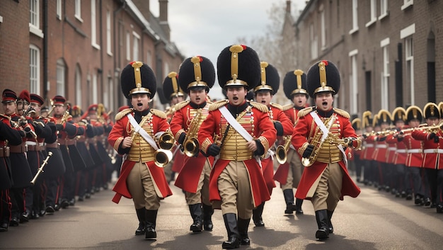 Photo marching band of seven cartoon soldiers wearing red coats and black bearskin hats with musical inst