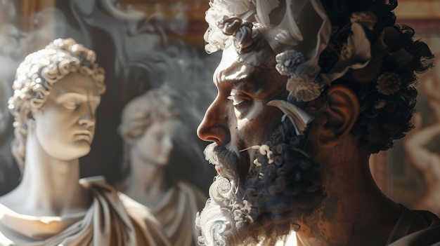 Marcus aurelius sculpting perceptions embracing fluidity with greek statues in realistic image