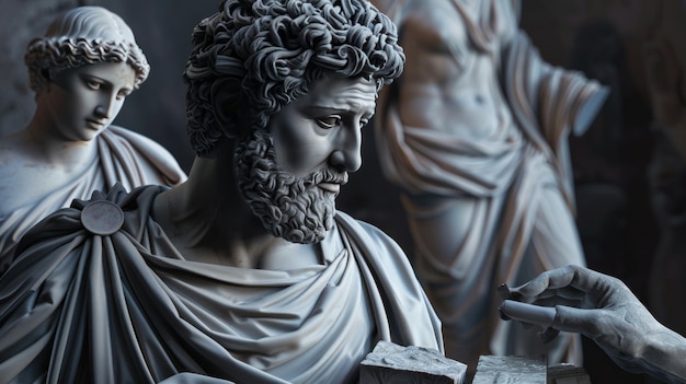 Marcus aurelius shaping perceptions greek statues representing fluid thoughts in realistic image