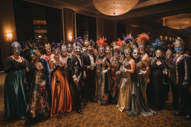 Mardi gras ball with guests in elegant masks and gowns created with generative ai