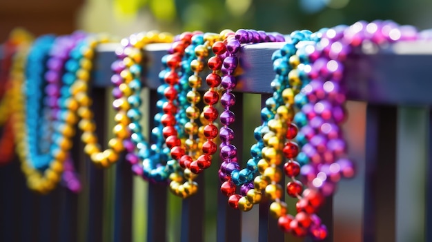 Mardi Gras beads draped over a fence in sunlight