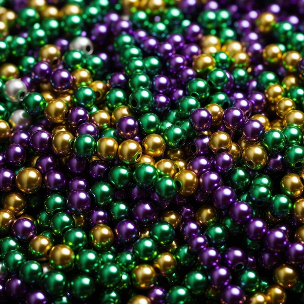 Mardi gras beads necklace hanging on a fence railing closeup Carnival tradition