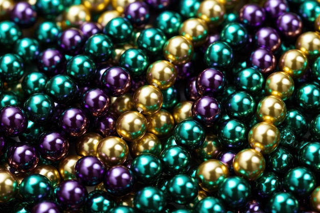 Mardi gras beads necklace hanging on a fence railing closeup Carnival tradition