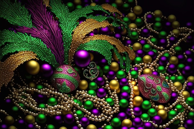 Mardi gras carnival decoration beads on dark background