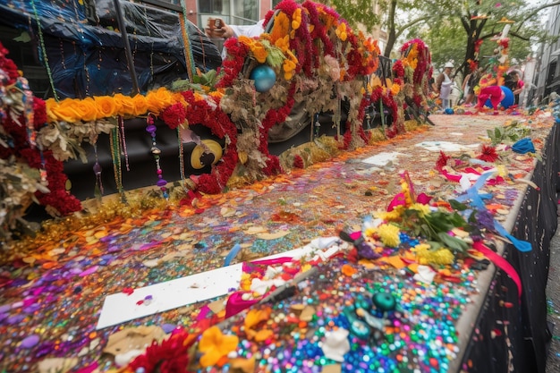 Mardi gras float with colorful confetti and beads strewn across the parade route