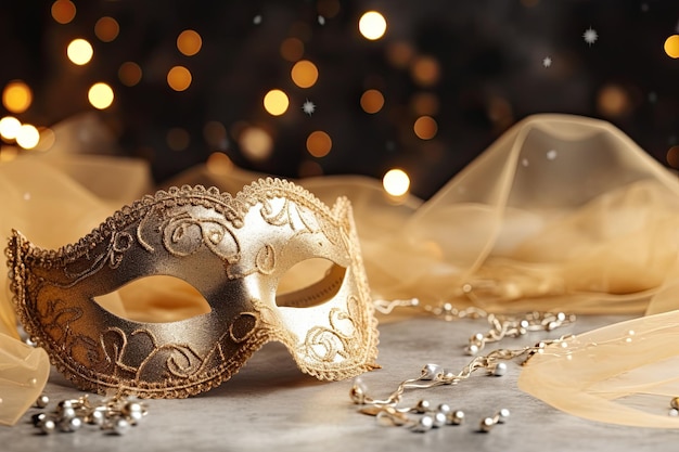 Photo mardi gras holiday golden mask bokeh lights background