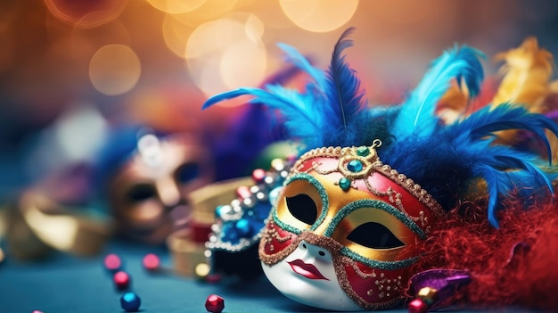 A mardi gras mask is on a table with other decorations.