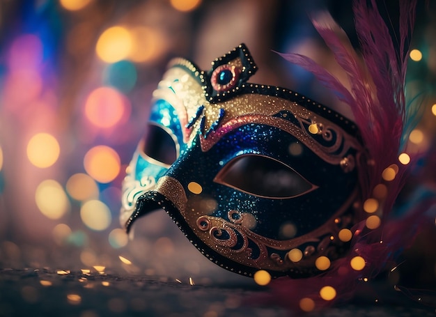 A mardi gras mask with a colorful background