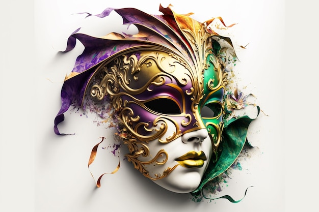 A mardi gras mask with gold and purple feathers.