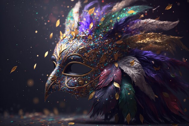 Mardi gras mask with lot of shiny confetti glitter and feathers Neural network AI generated art