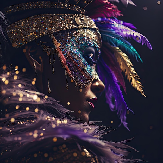 Mardi gras mask with lot of shiny confetti glitter and feathers Neural network AI generated art